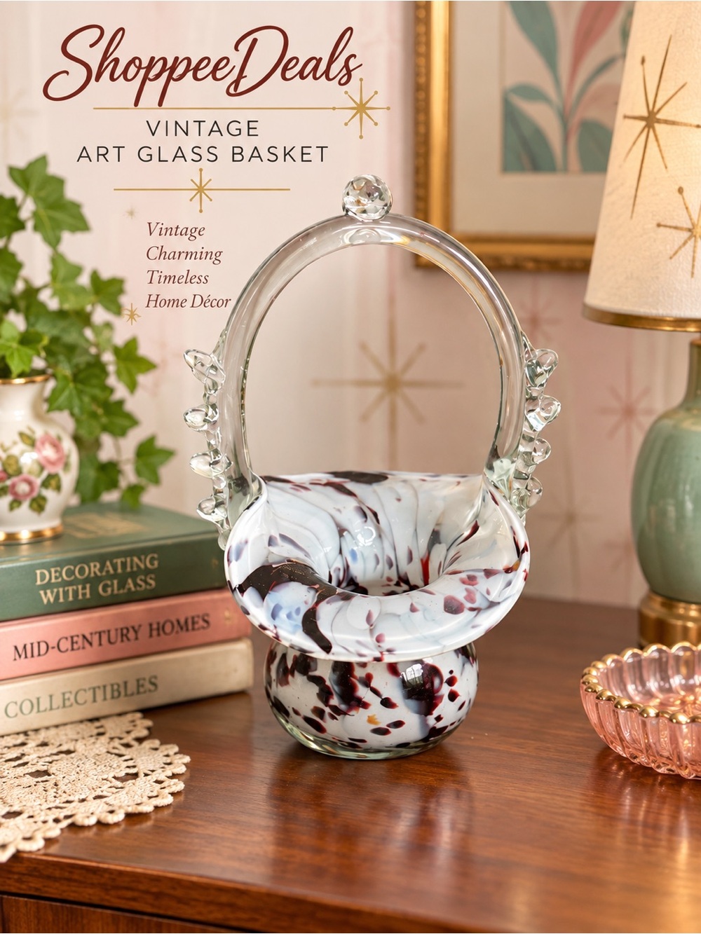 Vintage Romanian Hand-Blown Cased Splatter Art Glass Basket Thorn Handle